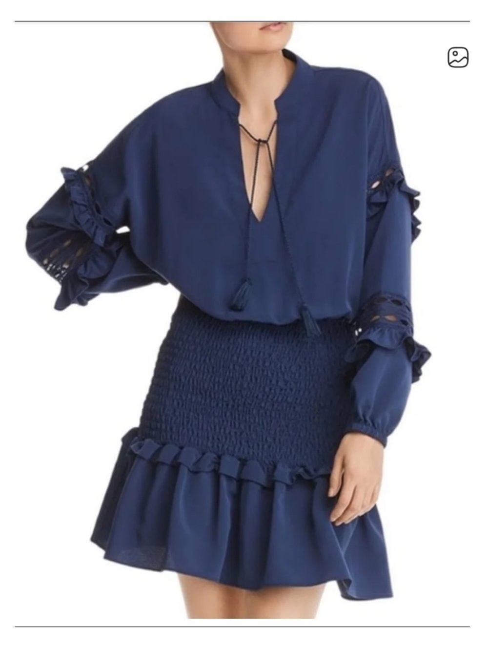 Aqua Navy Blue Long Sleeve Smocked Waist Ruffle Dress